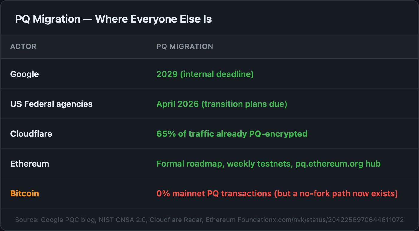 PQ Migration comparison across Google, Cloudflare, Ethereum, Bitcoin